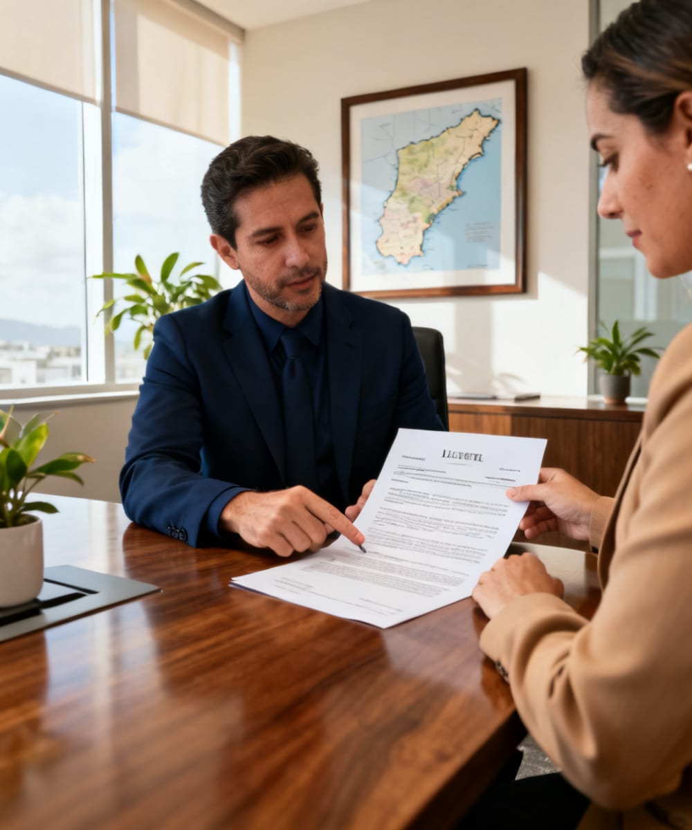 Dos profesionales revisando un documento de título de propiedad en una mesa de oficina